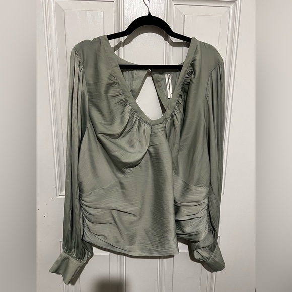 By Anthropologie Sz 2X Mint Green Open Back Blouson Sleeve Blouse Elegant Flowy - Picture 5 of 16